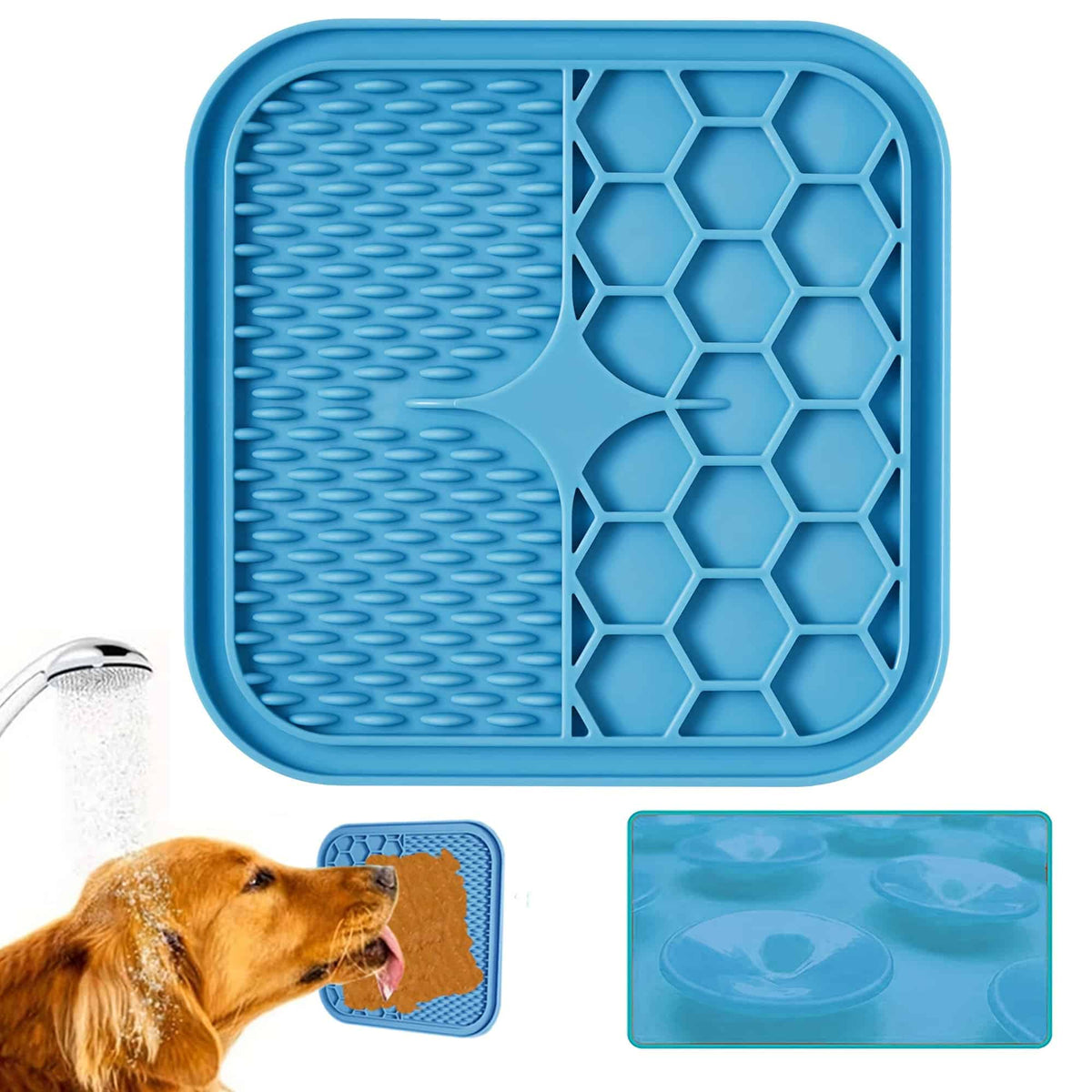 Spocket/EPROLO silicone lick mat for dogs and cats, blue with dual textures.