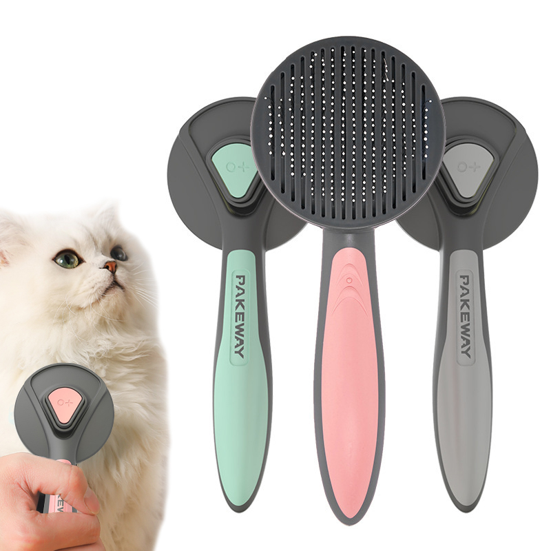 Lilac Milo pet grooming cat and dog comb set, 4-piece with pink, mint and gray handles; includes fingertip comb.