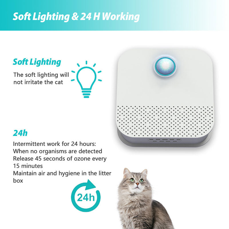 Smart Cat Odor Purifier for cat litter box by Teal Simba; white compact device with blue button