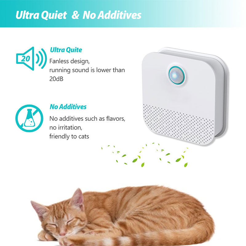 Smart Cat Odor Purifier by Teal Simba, white litter-box deodorizer air cleaner with blue LED ring, cat sleeping nearby