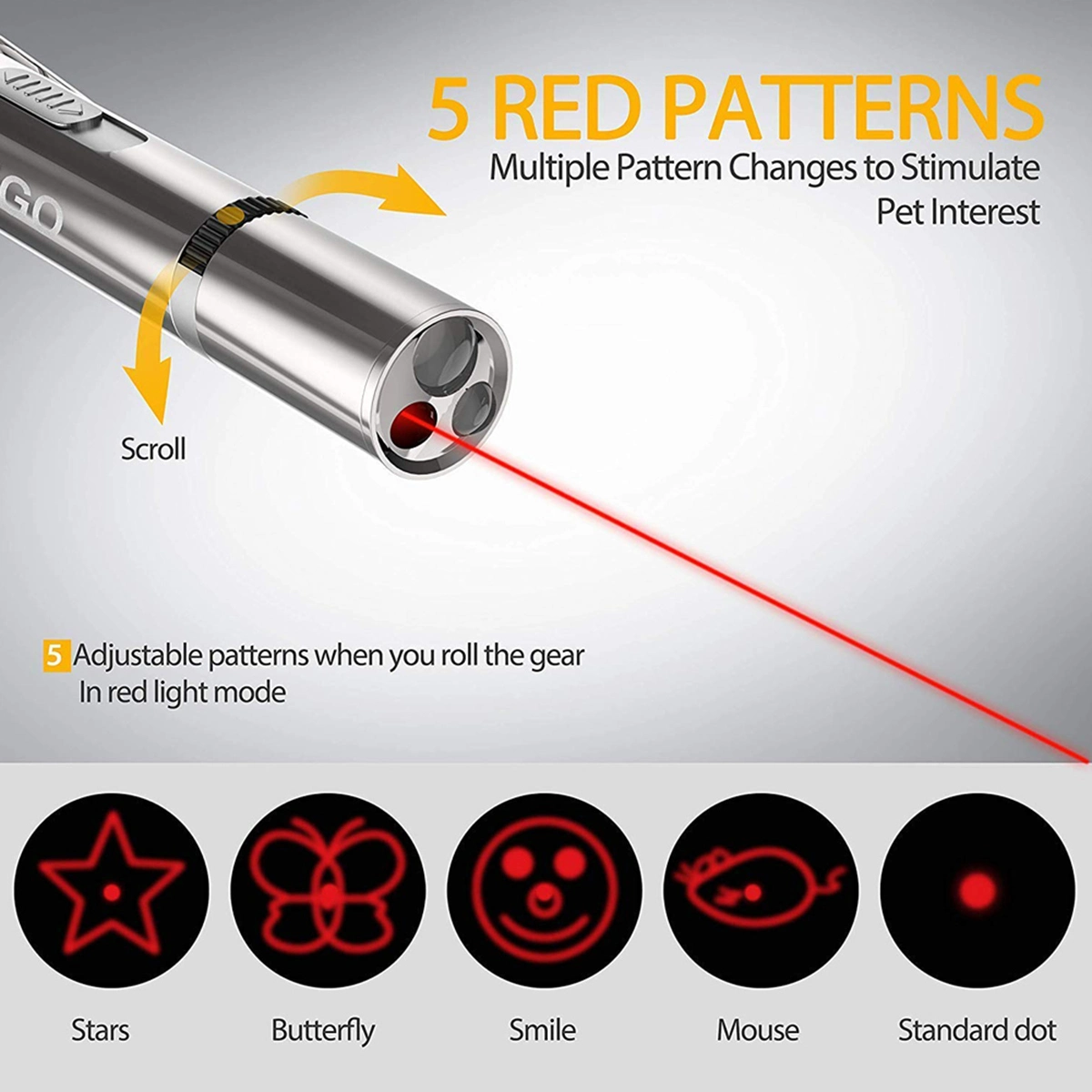 Lilac Milo Pet Training LED Pointer for cats; stainless steel body, red laser, 5 patterns.