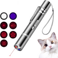 Lilac Milo Pet Training LED Pointer; metallic silver handheld cat toy with laser, clip, and lanyard