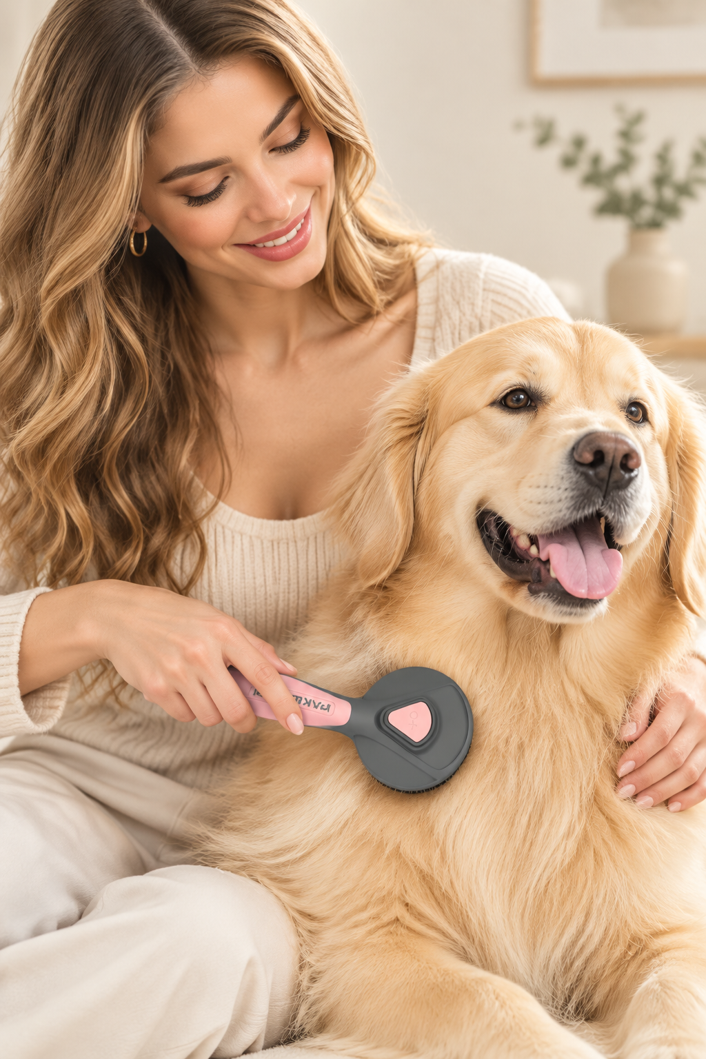 Lilac Milo pet grooming brush for cats and dogs with pink and gray ergonomic handle