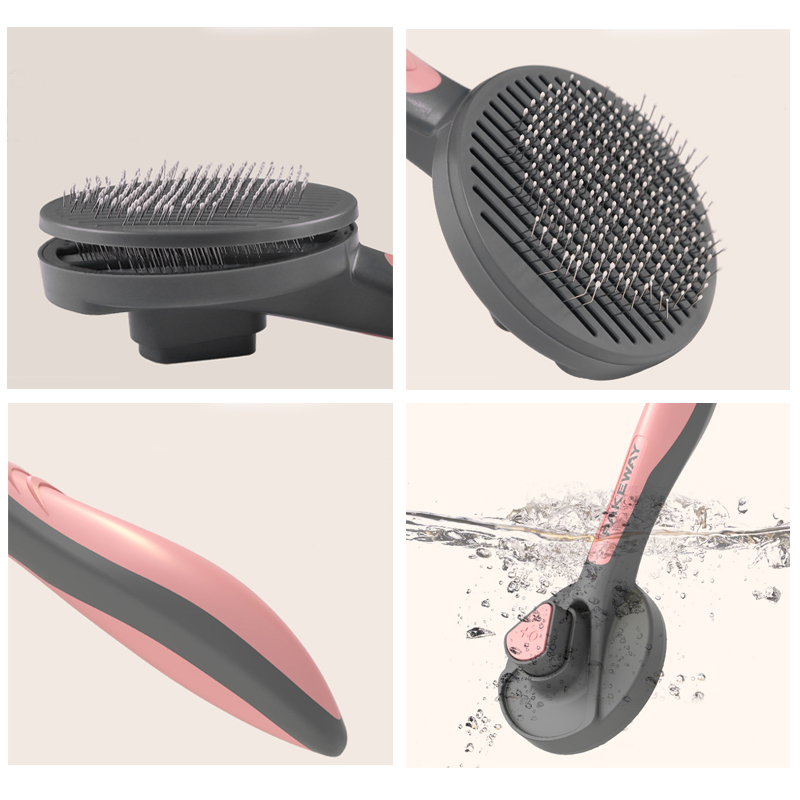 Pet grooming brush set for cats and dogs by Lilac Milo; pink and gray dual-sided combs