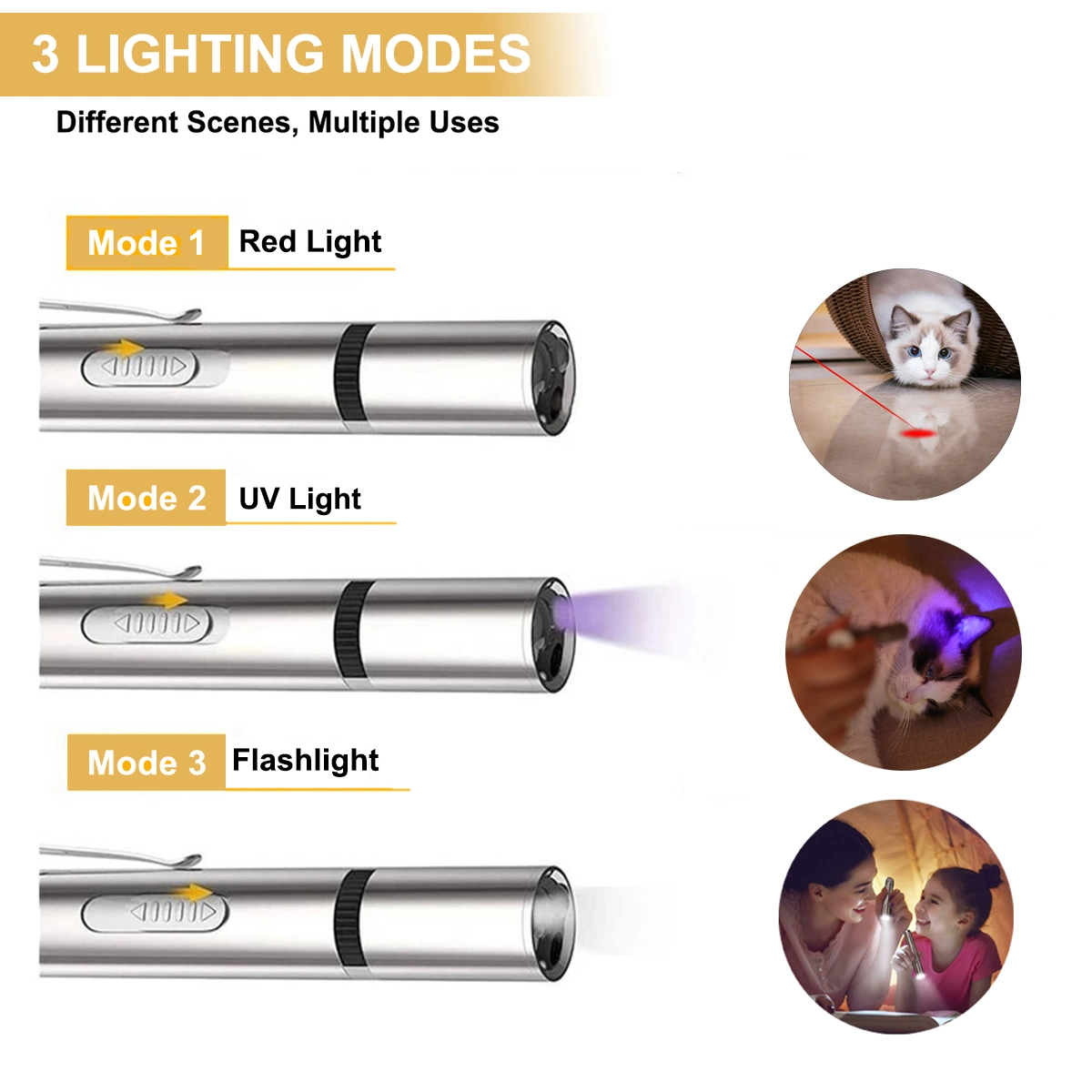 Pet Training LED Pointer; silver handheld wand with 3 lighting modes: red, UV, flashlight