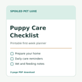Puppy Care Checklist digital download from Spoiled Pet Luxe; teal title on a mint cover with checklists