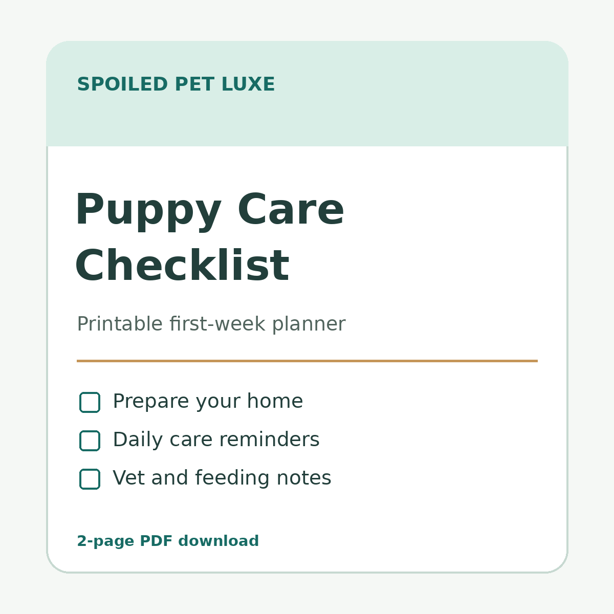 Puppy Care Checklist digital download from Spoiled Pet Luxe; teal title on a mint cover with checklists