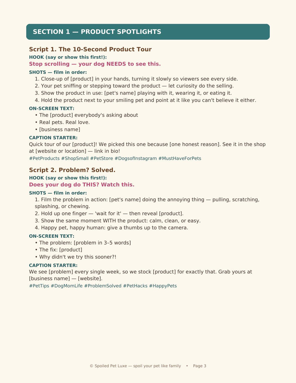 Inside Pet Business Reel Scripts Vol. 1 — sample script page