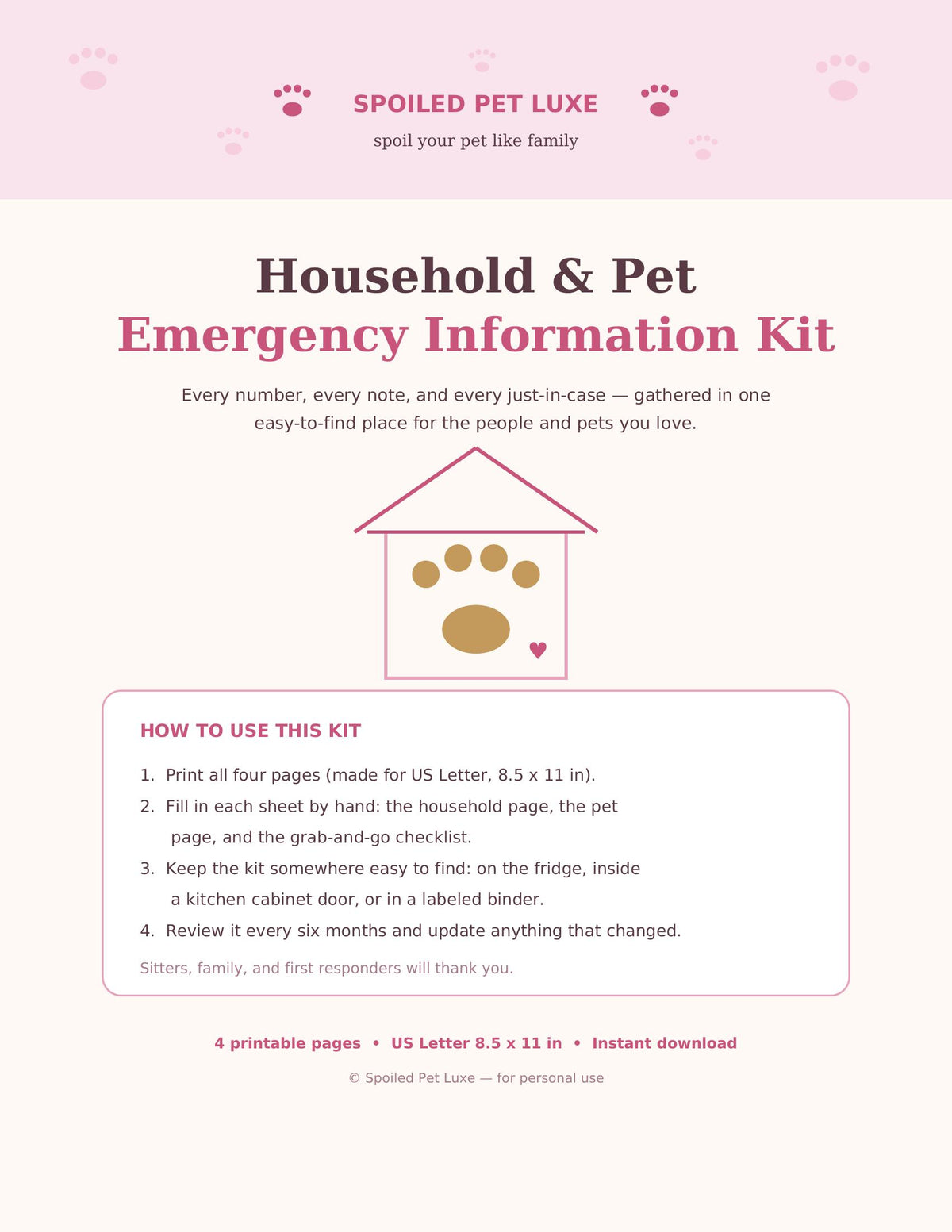 Household & Pet Emergency Information Kit Printable - Fill-In Emergency Contacts, Medical, Vet Info, Grab-and-Go Checklist & Document Locator, Instant Download (4 Pages)
