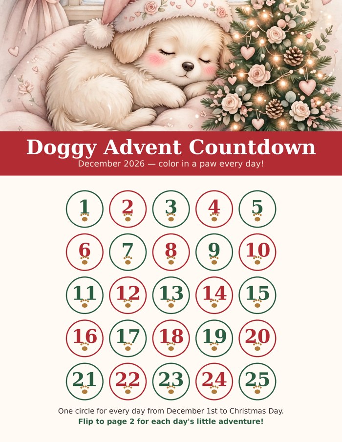 Doggy Advent Countdown Printable - December 2026 Coloring Countdown + 25 Dog Activities, Instant Download
